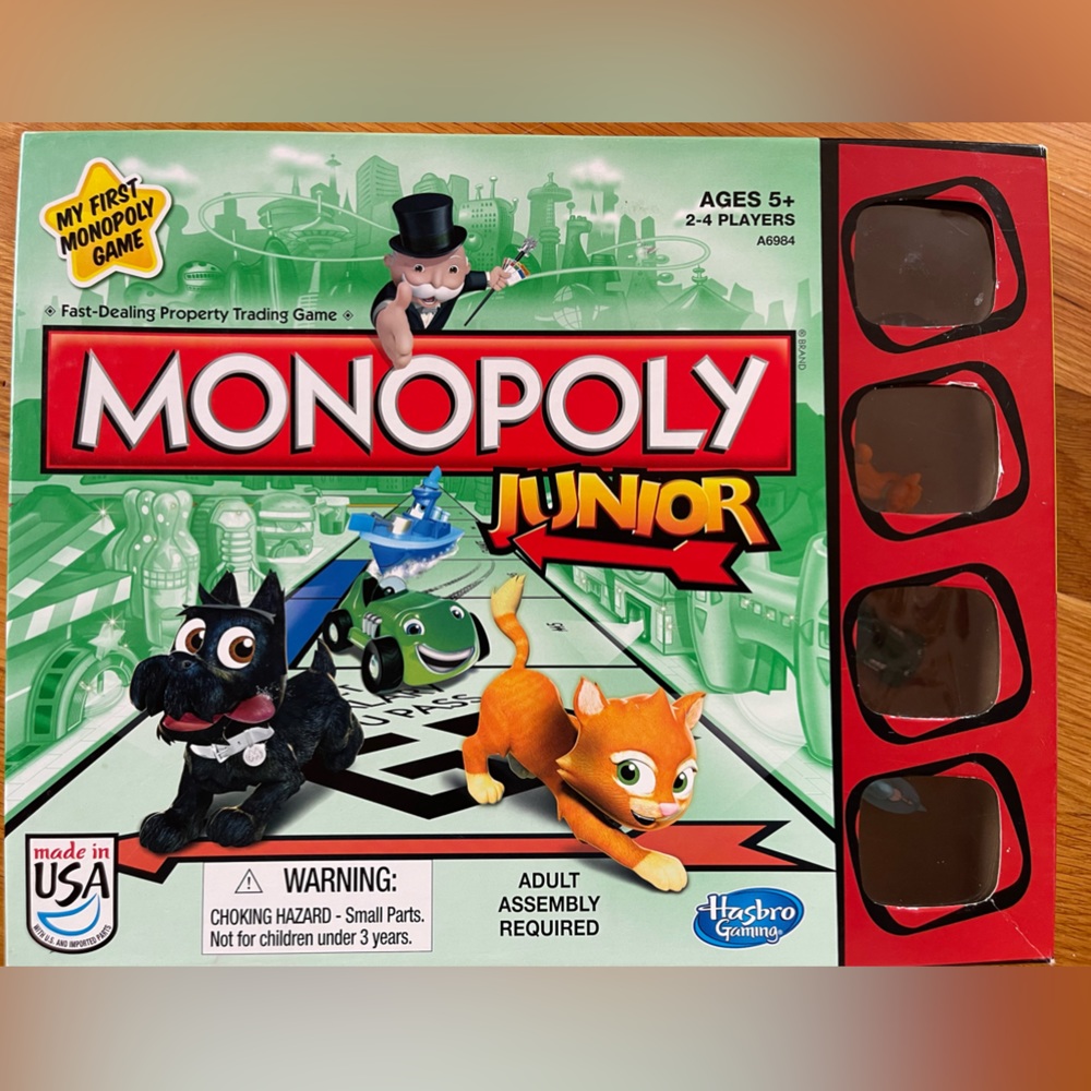 Monopoly Junior board game Hasbro gaming boys girls kids Jr kids cat Scottie dog